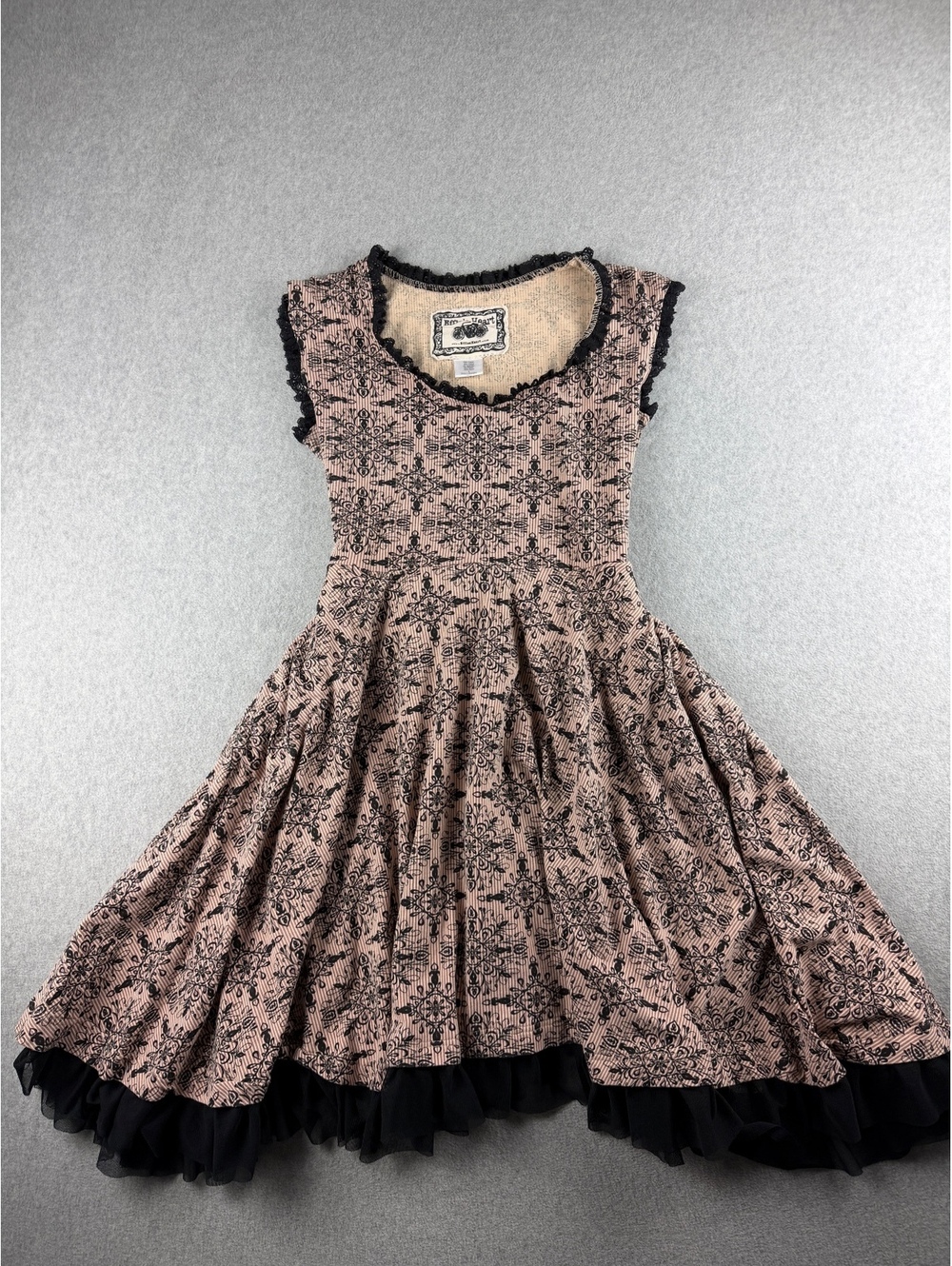 Effie's Heart Vintage style fit and flare Dress Tulle Trim damask print